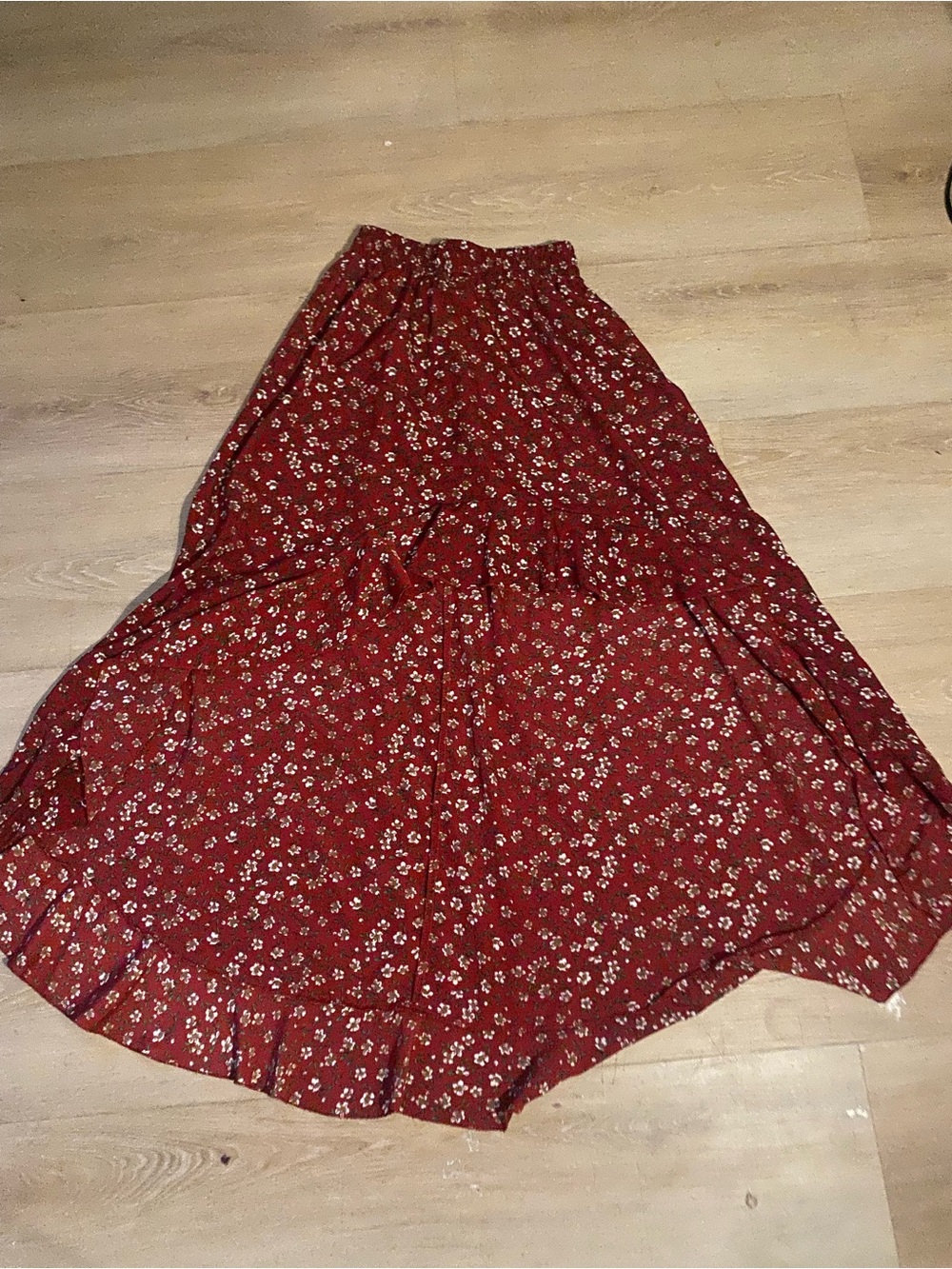 SHEIN Burgundy Floral Tiered Maxi Skirt